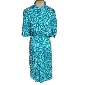 Vintage 90s Linda Michaels Teal Abstract Print Midi Dress Rayon